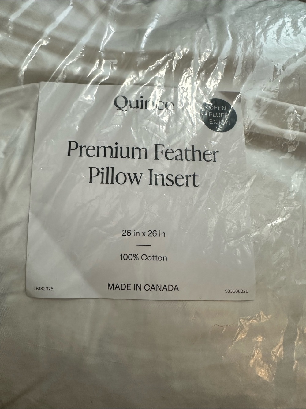 Quince Premium Feather Pillow Insert 26” x 26” 100% Cotton - NWOT - Picture 3 of 5